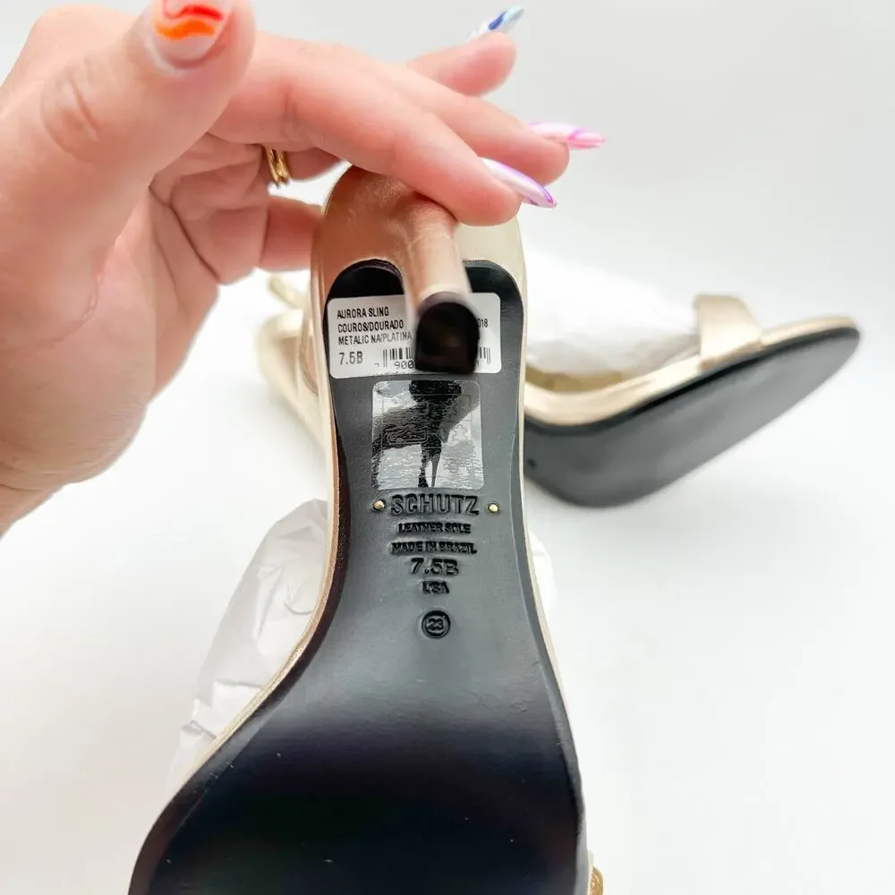 SCHUTZ Womens Aurora Sling Heeled Sandals Size 7.5 Platina Gold Stiletto NWOB